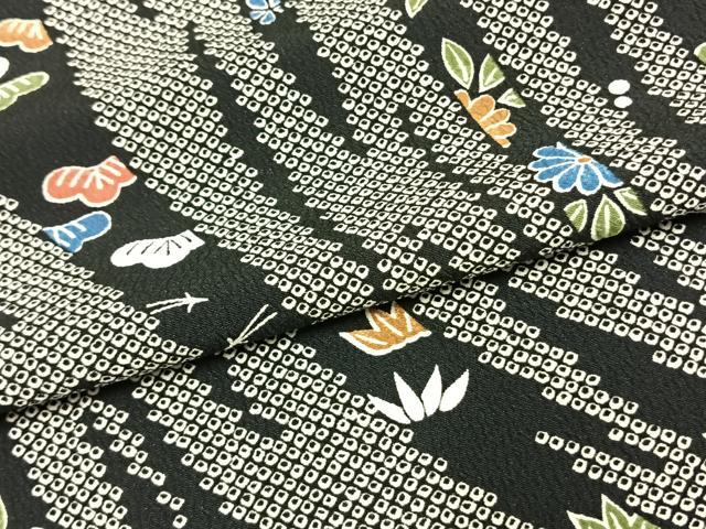 平和屋着物▽小紋 単衣 草花文 黒地 洗える着物 AAAU8661fy