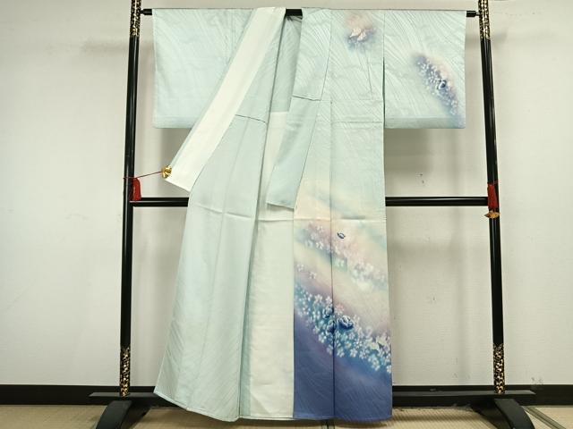 平和屋着物▽訪問着 単衣 花蝶文 暈し染め 銀彩 正絹 逸品 AAAU8675fy