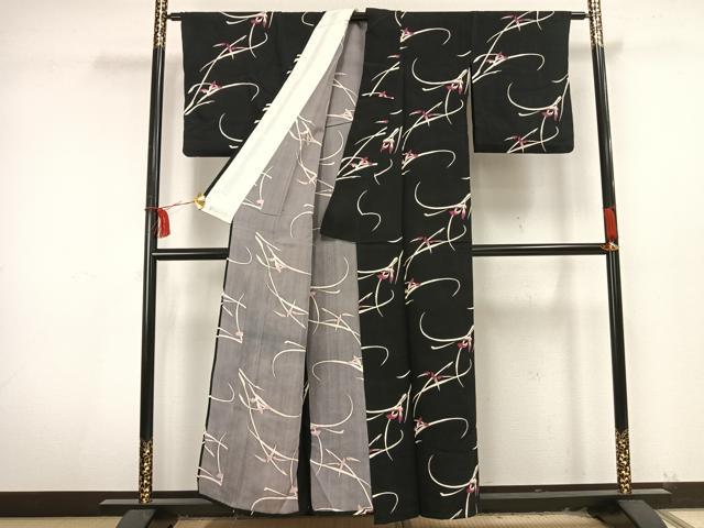 平和屋着物▽上質な小紋 単衣 草花文 黒地 正絹 逸品 AAAU8678fy