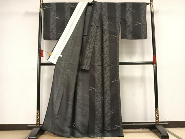 平和屋着物▽小紋 単衣 雪芝文 黒地 洗える着物 未使用 AAAU8683fy