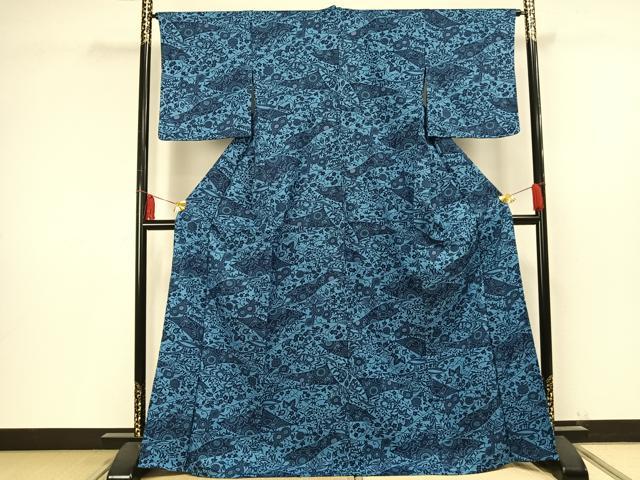 平和屋着物▽小紋 単衣 藍 型染め 花唐草文 洗える着物 未使用 AAAU8687fy