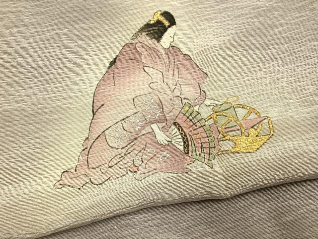 平和屋着物▽友禅師・京の名工・伝統工芸士・樽本伊勢蔵 色無地 単衣 人物文 暁鼠色 やまと誂製 正絹 逸品 AAAU8712fy