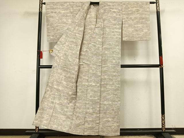 平和屋着物▽上質な紬 単衣 風景草花文 正絹 逸品 AAAU8714fy