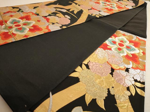 平和屋着物◎六通柄袋帯 唐織 正倉院花文 黒地 金銀糸 正絹 逸品 AAAU8894dt