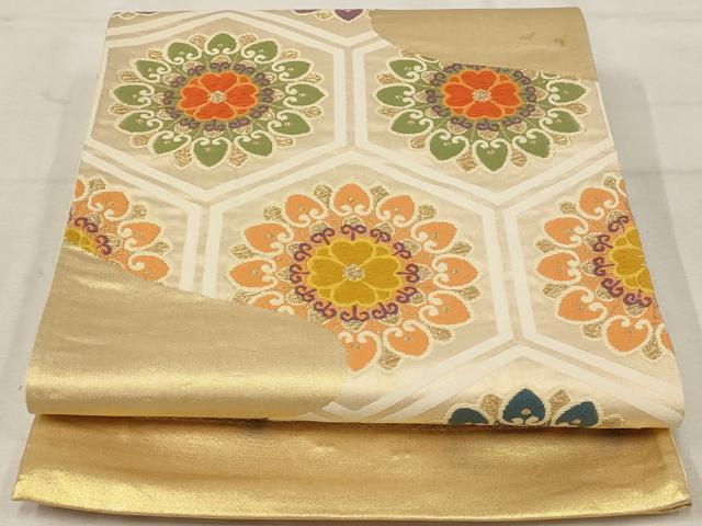 平和屋着物◎西陣 六通柄袋帯 唐織 亀甲花文 金糸 正絹 逸品 AAAU9323st