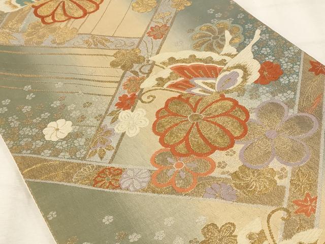 平和屋着物◎六通柄袋帯 唐織 花蝶文 金糸 正絹 逸品 AAAU9325st