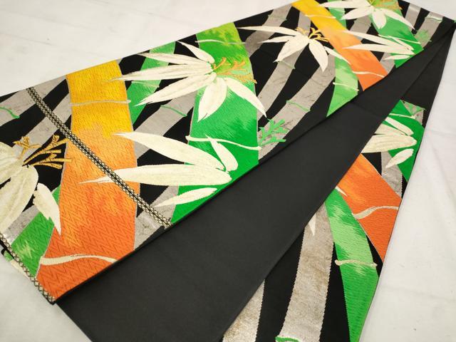 平和屋着物◎六通柄袋帯 唐織 笹竹文 黒地 金銀糸 正絹 逸品 AAAU9342st