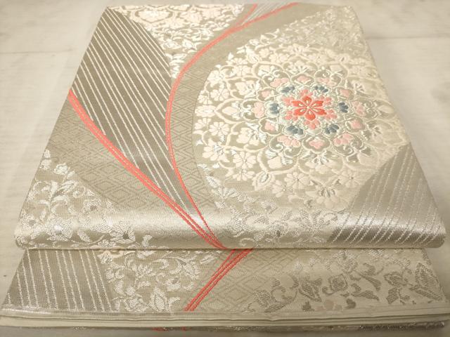 平和屋着物◎六通柄袋帯 花唐草文 銀糸 正絹 逸品 AAAU9374dt