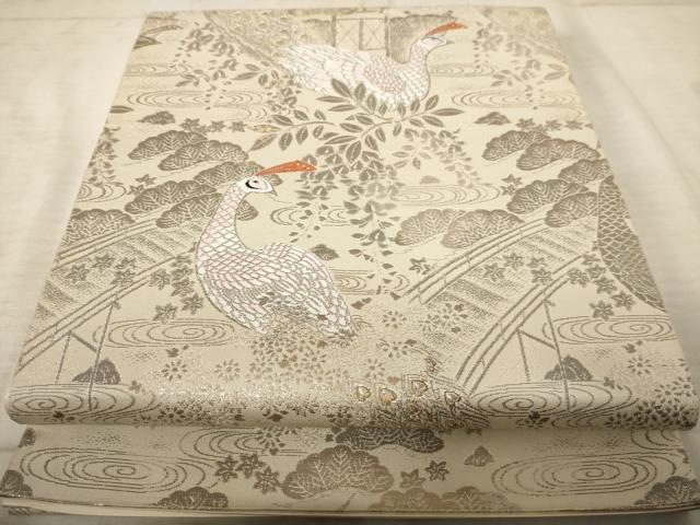平和屋着物◎六通柄袋帯 孔雀花文 プラチナ二重箔 銀糸 正絹 逸品 AAAU9387dt