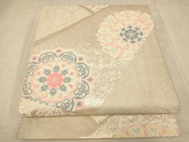 平和屋着物◎六通柄袋帯 唐織 切嵌正倉院花文 銀糸 正絹 逸品 AAAU9811fw