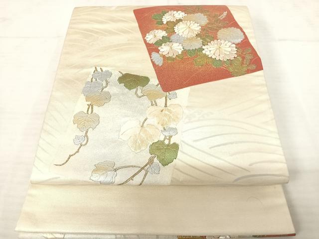 平和屋着物◎太鼓柄袋帯 駒刺繍 草花文 金銀彩 正絹 逸品 AAAU9886yx