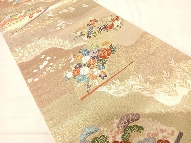 平和屋着物◎六通柄袋帯 唐織 扇面花文 金糸 正絹 逸品 AAAU9981yx