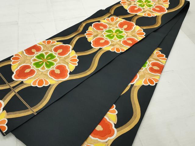 平和屋着物◎六通柄袋帯 唐織 正倉院花文 黒地 金糸 正絹 逸品 AAAV0951gw