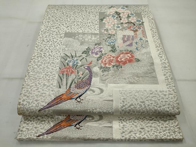 平和屋着物◎六通柄袋帯 唐織 孔雀花文 プラチナ箔 正絹 逸品 AAAV1173nf