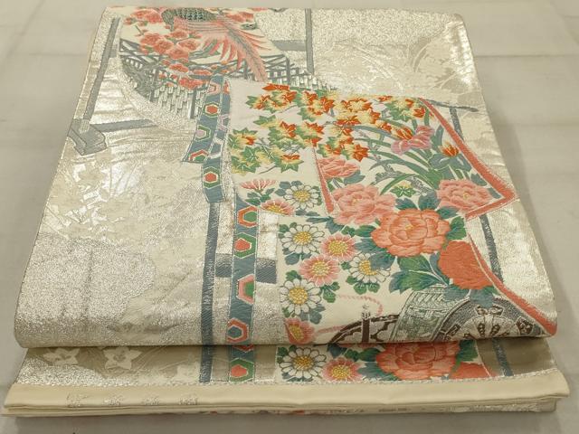 平和屋着物◎六通柄袋帯 唐織 孔雀花文 銀糸 正絹 逸品 AAAV1619ou