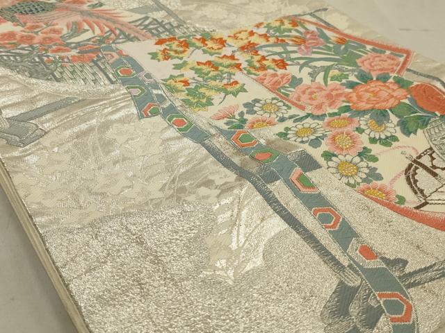 平和屋着物◎六通柄袋帯 唐織 孔雀花文 銀糸 正絹 逸品 AAAV1619ou