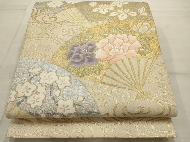 平和屋着物◎六通柄袋帯 刺繍 流水扇面草花文 プラチナ箔 金糸 正絹 逸品 AAAV1849ru