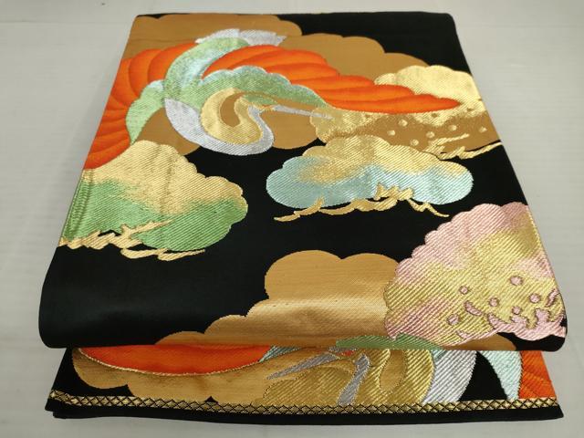 平和屋着物◎六通柄袋帯 唐織 飛鶴松文 黒地 金銀糸 正絹 逸品 AAAV2109nf