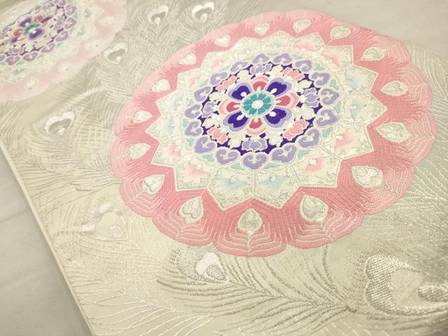 平和屋着物◎六通柄袋帯 唐織 孔雀正倉院花文 銀糸 正絹 逸品 AAAV2424sw