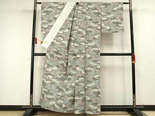 平和屋着物▽上質な紬 単衣 雲取り風景文 正絹 逸品 AAAV2592fy