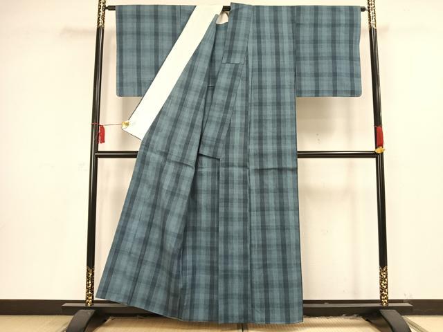 平和屋着物▽上質な紬 単衣 格子 正絹 逸品 未使用 AAAV2610fy