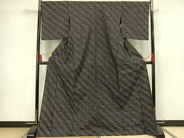 平和屋着物▽上質な紬 単衣 網目文 ロング丈 正絹 逸品 AAAV2614fy