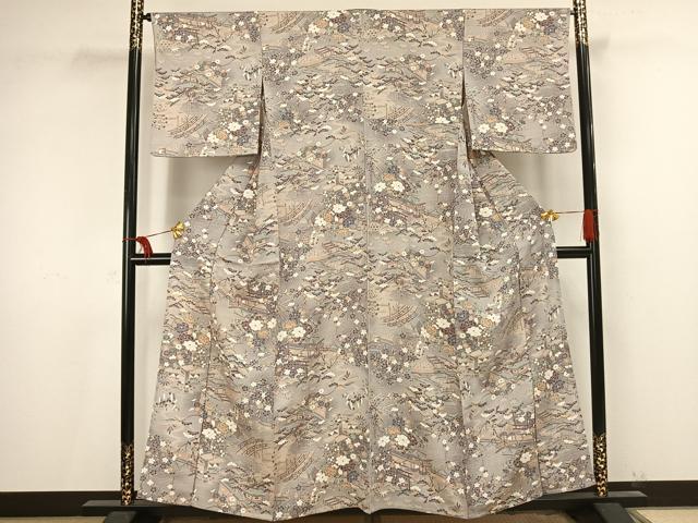 平和屋着物▽上質な小紋 単衣 風景草花文 正絹 逸品 AAAV2630fy