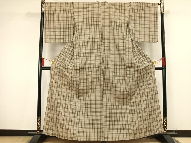 平和屋着物▽上質な紬 単衣 格子 正絹 逸品 AAAV2633fy