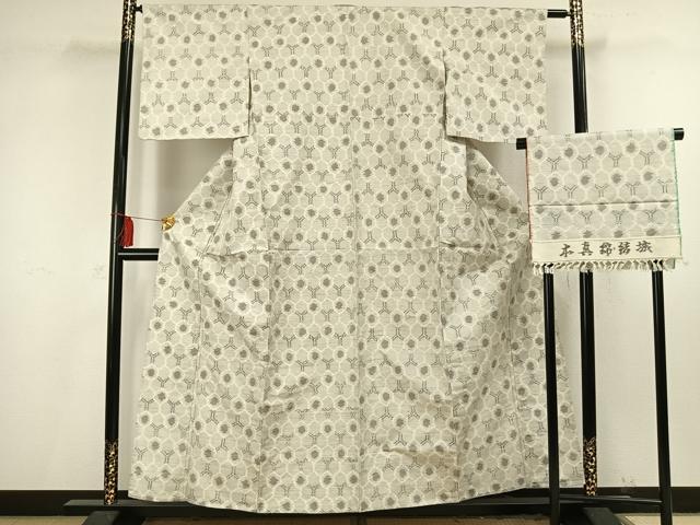 平和屋着物▽本真綿結城紬 単衣 亀甲文 反端付き 正絹 逸品 AAAV2639fy