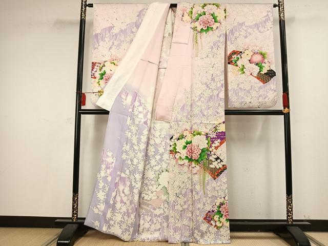 平和屋着物▽小振袖 二尺袖 単衣 草花文 金彩 正絹 逸品 AAAV2680fy