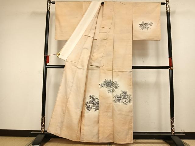 平和屋着物▽訪問着 単衣 紬地 風景草木文 正絹 逸品 AAAV2681fy