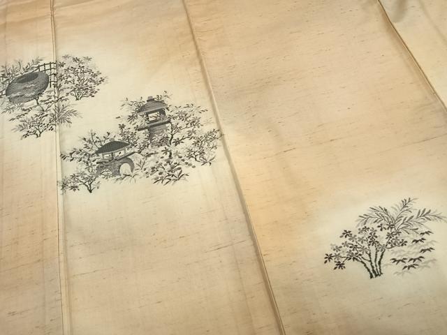 平和屋着物▽訪問着 単衣 紬地 風景草木文 正絹 逸品 AAAV2681fy