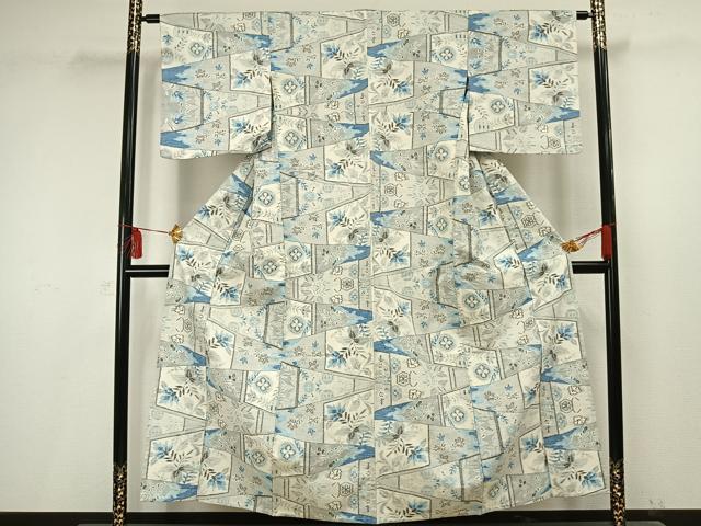 平和屋着物▽上質な紬 単衣 切嵌草花文 正絹 逸品 AAAV2693fy