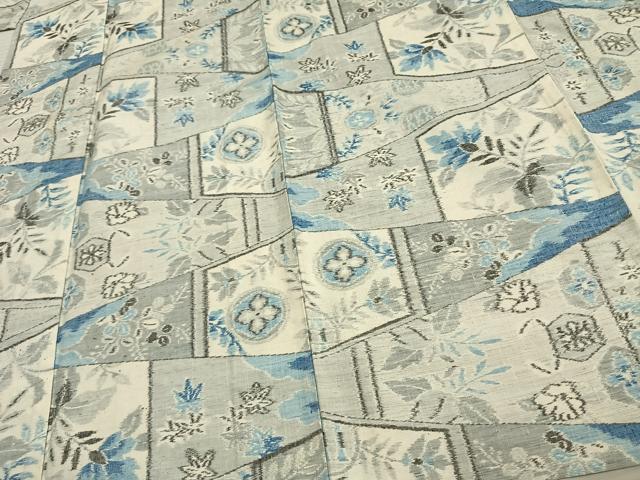 平和屋着物▽上質な紬 単衣 切嵌草花文 正絹 逸品 AAAV2693fy