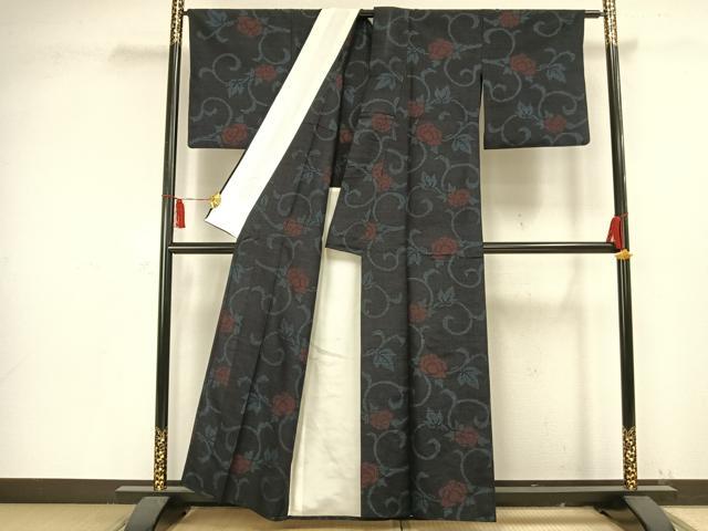 平和屋着物▽上質な紬 単衣 花唐草文 正絹 逸品 AAAV2696fy