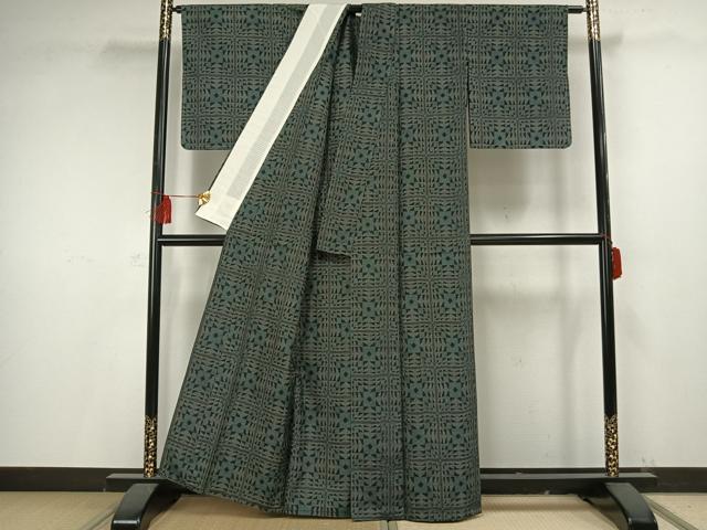 平和屋着物▽上質な紬 単衣 変わり市松文様 正絹 逸品 未使用 AAAV2700fy