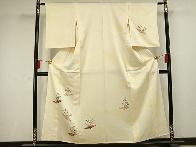平和屋着物▽訪問着 単衣 友禅 駒刺繍 草花文 正絹 逸品 AAAV2720fy