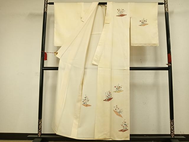 平和屋着物▽訪問着 単衣 友禅 駒刺繍 草花文 正絹 逸品 AAAV2720fy