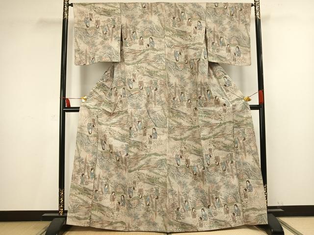 平和屋着物▽上質な紬 単衣 人物風景文 正絹 逸品 未使用 AAAV2732fy