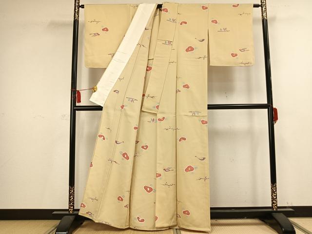 平和屋着物▽上質な小紋 単衣 花鳥文 金彩 正絹 逸品 未使用 AAAV2756fy