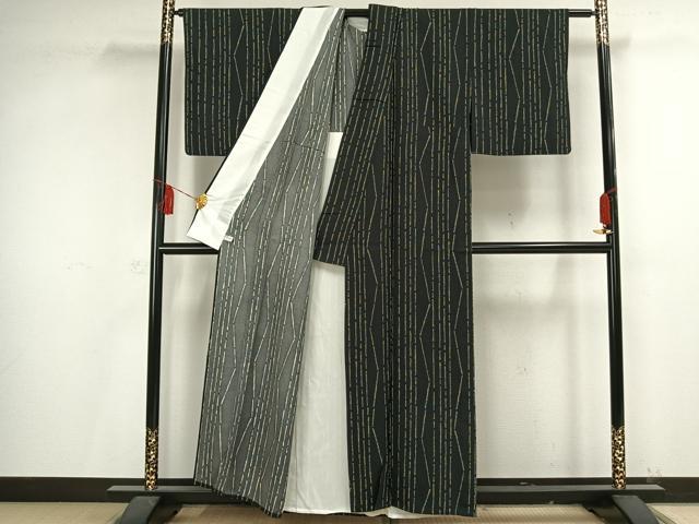 平和屋着物▽上質な小紋 単衣 変わり縞 黒地 正絹 逸品 AAAV2757fy