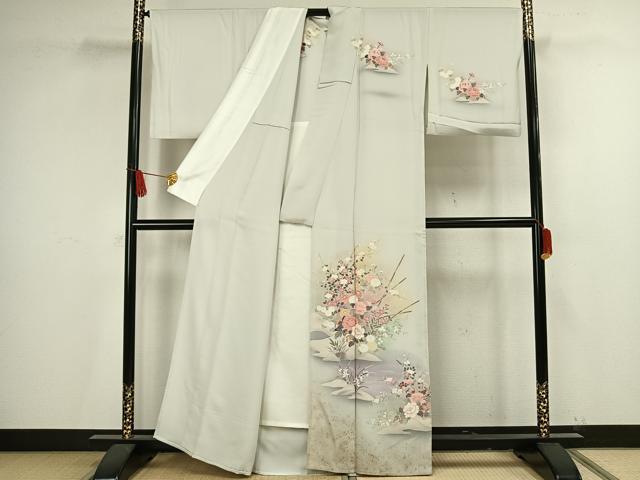 平和屋着物▽訪問着 単衣 友禅 草花文 暈し染め 金銀彩 正絹 逸品 AAAV2759fy
