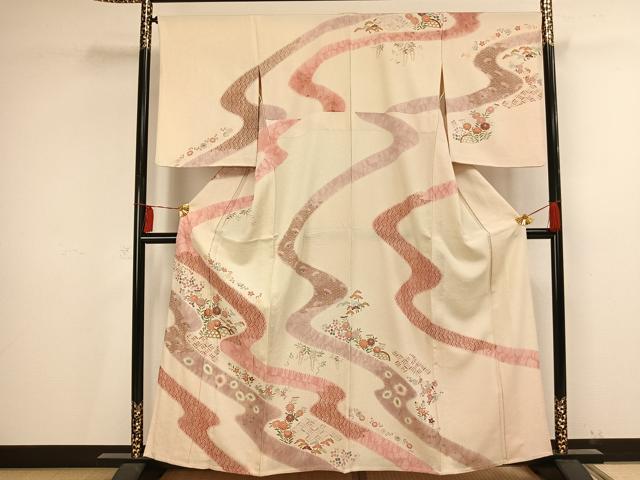 平和屋着物▽訪問着 単衣 友禅 絞り 流水草花文 金彩 正絹 逸品 AAAV2764fy
