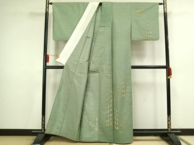平和屋着物▽訪問着 単衣 紬地 木賊 正絹 逸品 AAAV2766fy