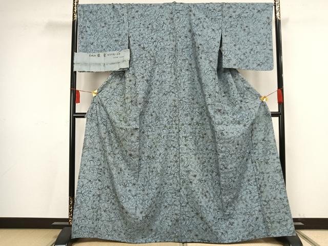 平和屋着物▽創業70余年 あやせ染芸 東京手差し紅型 工芸作家 鈴木洋行 花織紬 単衣 藍染 反端付き 正絹 逸品 AAAV2771fy