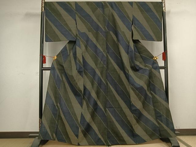 平和屋着物▽結城ちぢみ 単衣 斜縞 正絹 逸品 AAAV2787fy