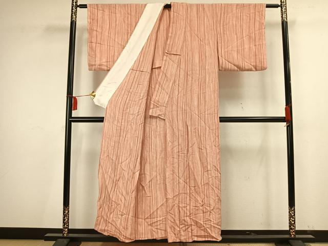 平和屋着物▽上質な小紋 単衣 縞 鬼しぼ縮緬 正絹 逸品 AAAV2797fy