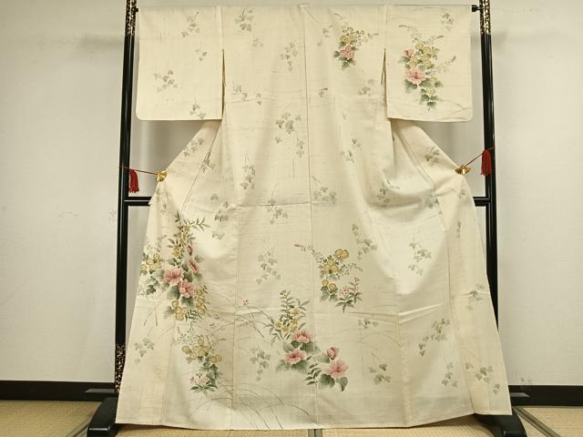 平和屋着物▽訪問着 単衣 紬地 手描き 草花文 正絹 逸品 AAAV2814fy