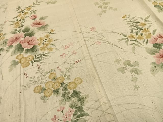 平和屋着物▽訪問着 単衣 紬地 手描き 草花文 正絹 逸品 AAAV2814fy