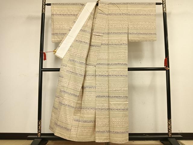 平和屋着物▽上質な紬 単衣 横段文 正絹 逸品 AAAV2818fy
